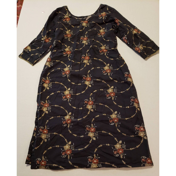 Long Sleeve Slit Black Botanical Size Small Women's Floral Pattern Dress - Picture 1 of 7